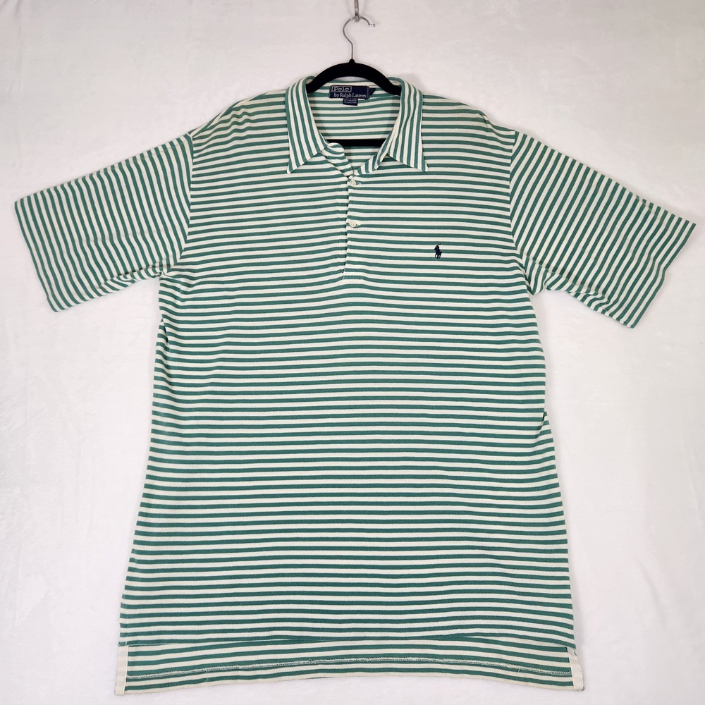Polo Ralph Lauren Mens Large Green White Striped Short Sleeve Cotton Polo Shirt